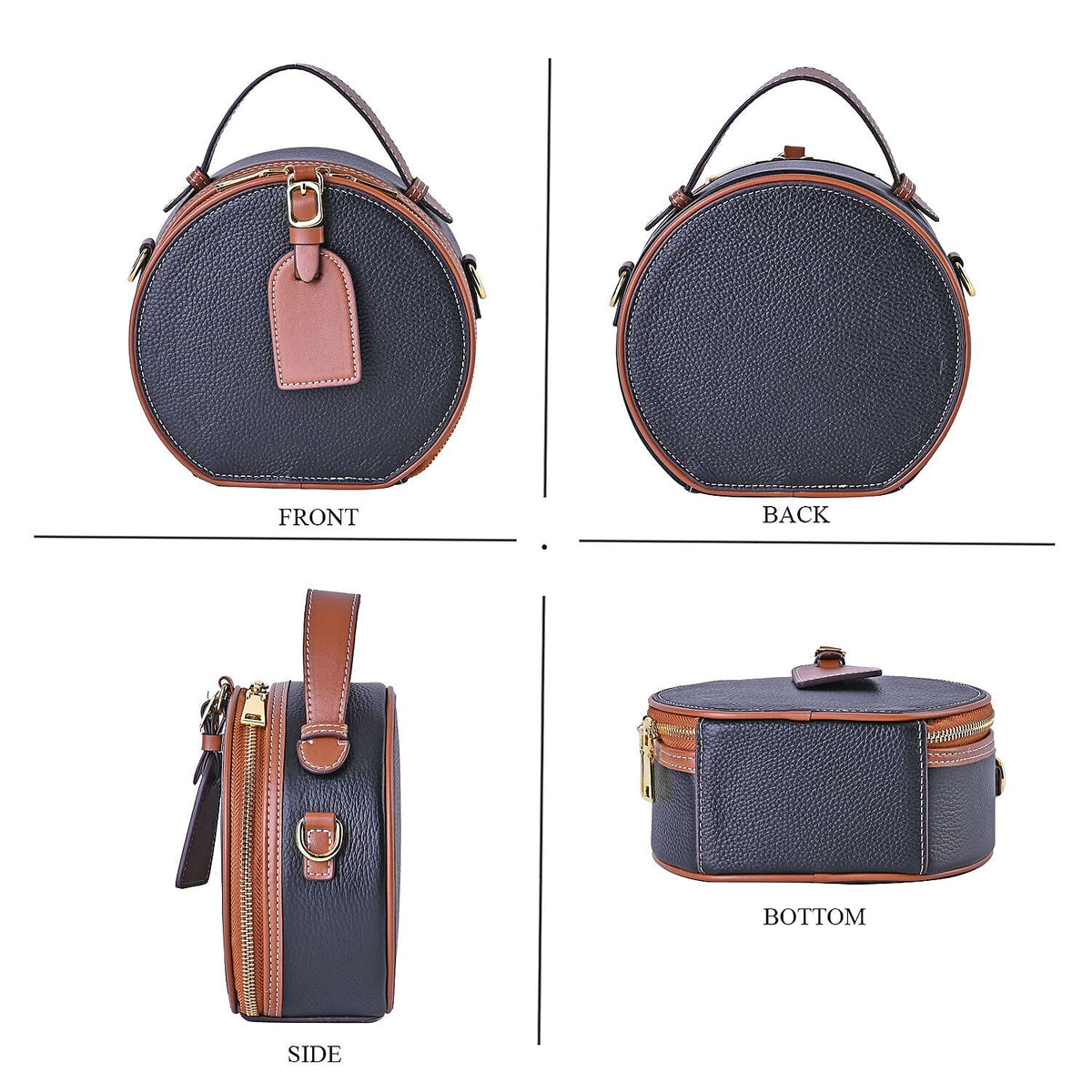 Hong Kong Closeout - Genuine Leather Round Crossbody Bag with Handle Drop - Black 7585837 4