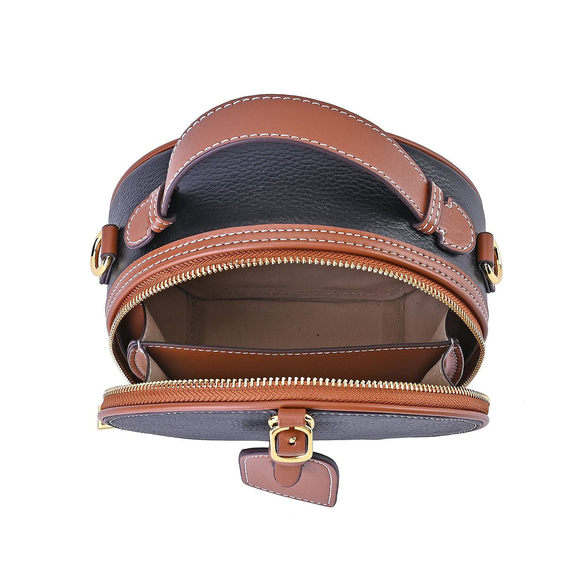 Hong Kong Closeout - Genuine Leather Round Crossbody Bag with Handle Drop - Black 7585837 5