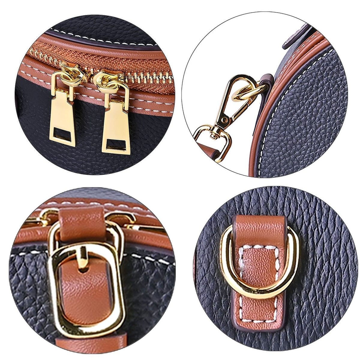 Hong Kong Closeout - Genuine Leather Round Crossbody Bag with Handle Drop - Black 7585837 6