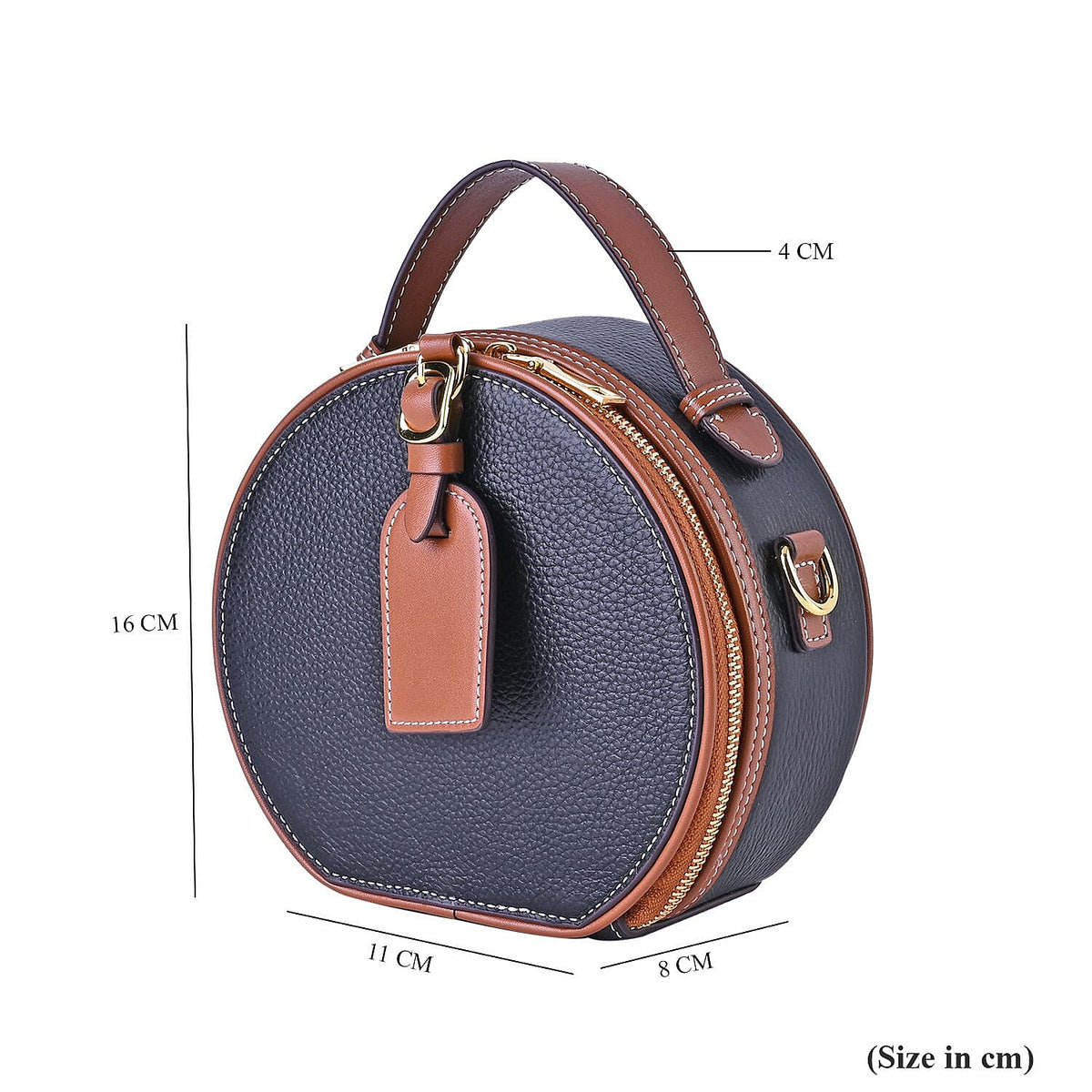 Hong Kong Closeout - Genuine Leather Round Crossbody Bag with Handle Drop - Black 7585837 7