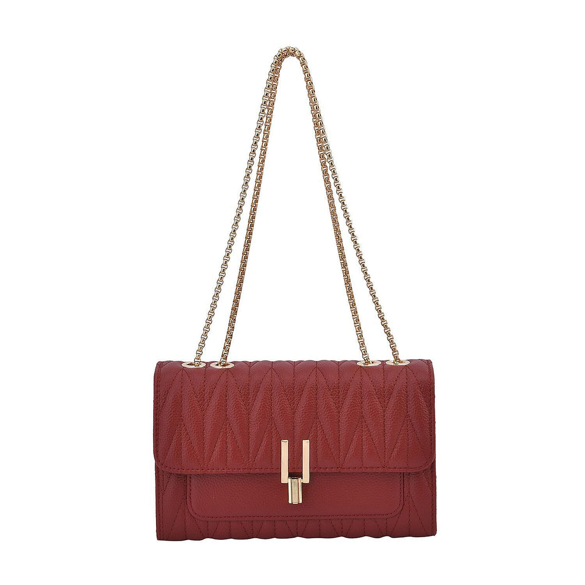 Closeout Deal - Genuine Leather Shoulder Bag with Chain Strap - Burgundy 7208998 0