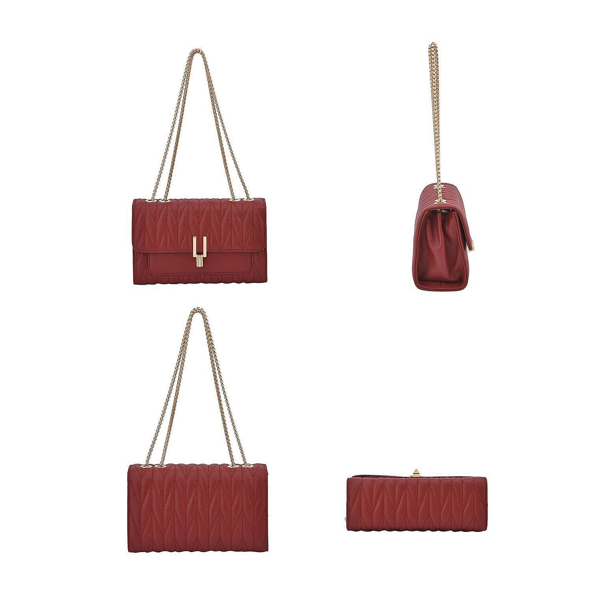 Closeout Deal - Genuine Leather Shoulder Bag with Chain Strap - Burgundy 7208998 3