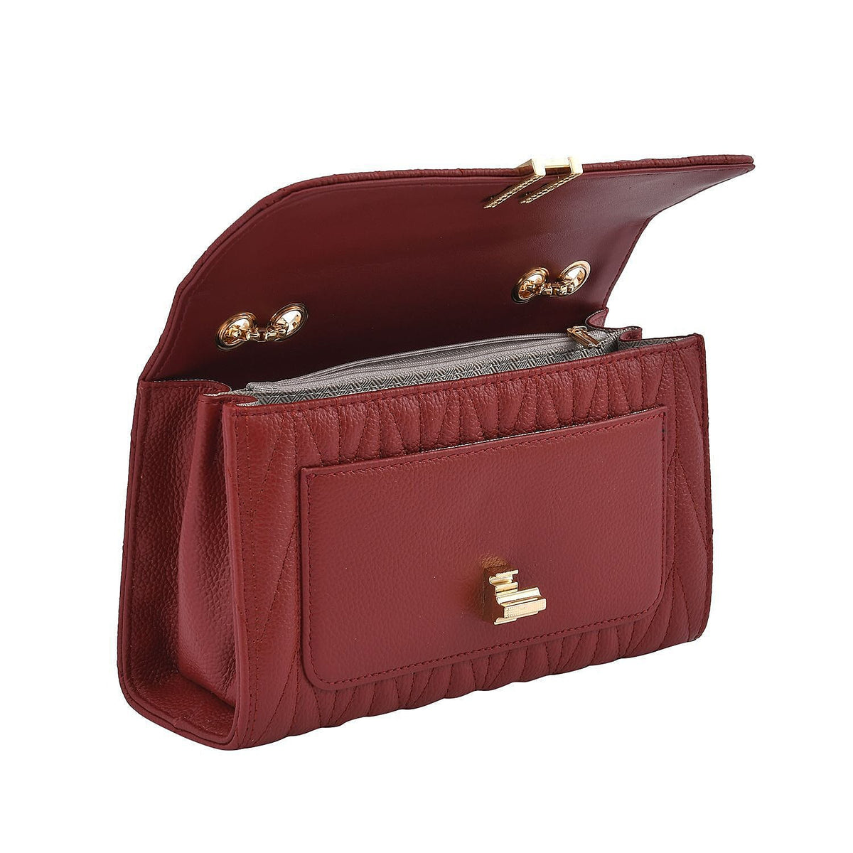 Closeout Deal - Genuine Leather Shoulder Bag with Chain Strap - Burgundy 7208998 6
