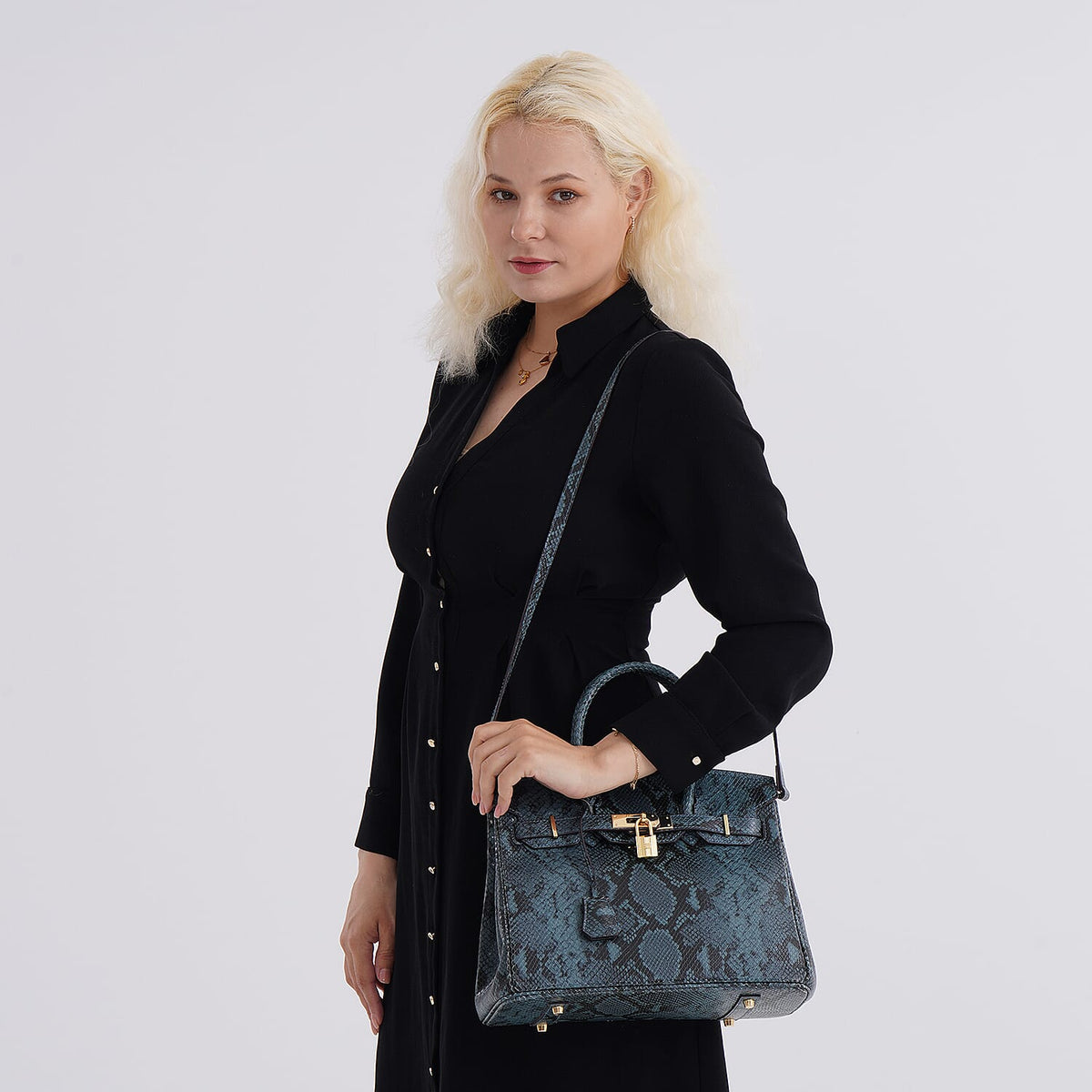 Genuine Leather Snakeskin Pattern Crossbody Bag with Top Handle - Blue 8099102 2