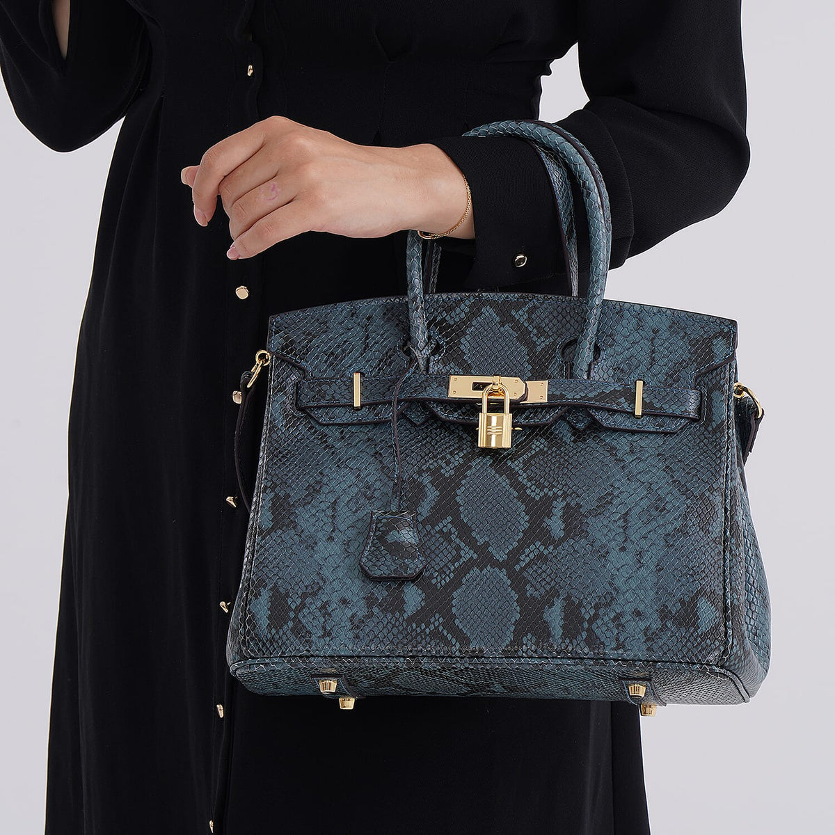 Genuine Leather Snakeskin Pattern Crossbody Bag with Top Handle - Blue 8099102 3