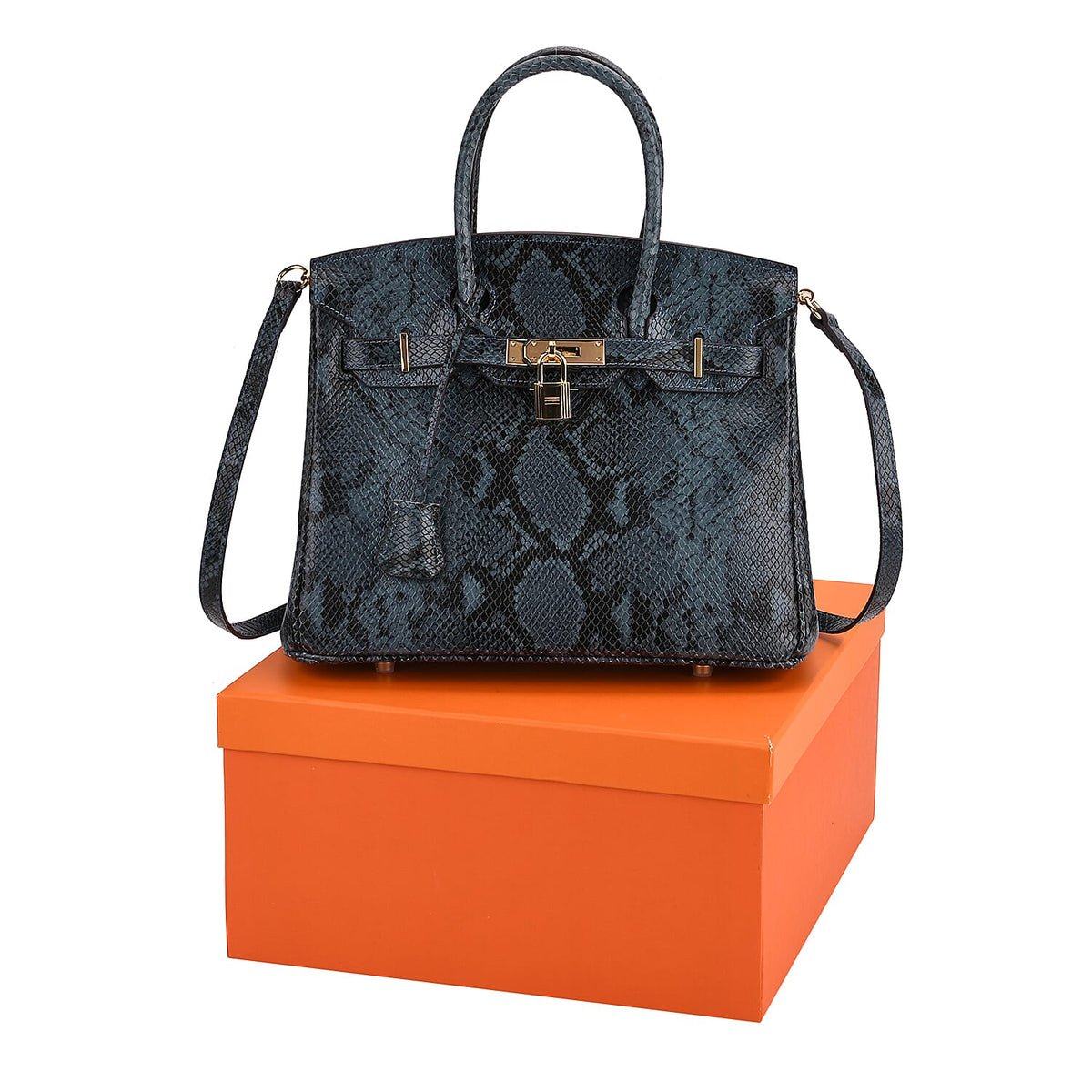 Genuine Leather Snakeskin Pattern Crossbody Bag with Top Handle - Blue 8099102 7