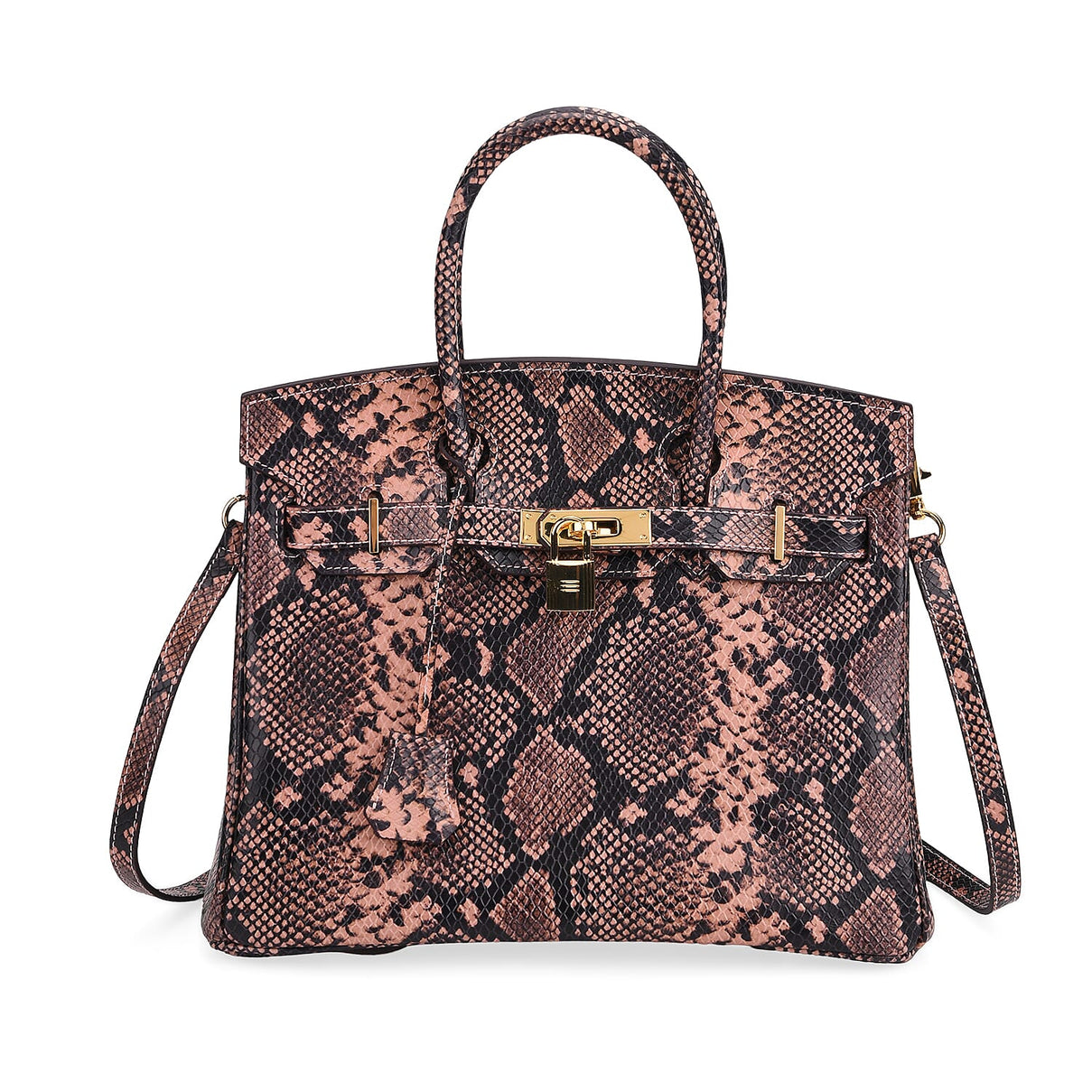 Genuine Leather Snakeskin Pattern Crossbody Bag with Top Handle - Pink and Black 8099103 0