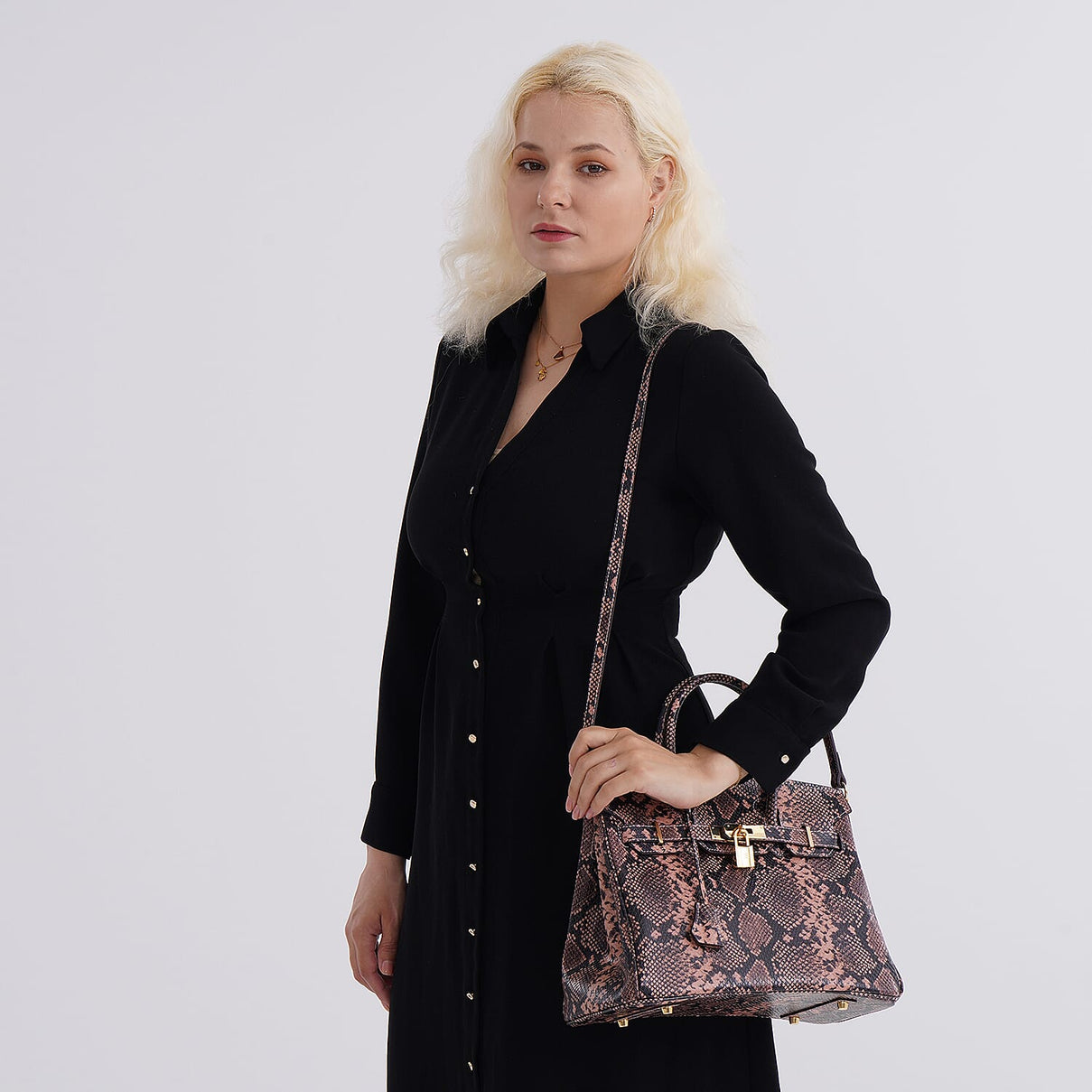 Genuine Leather Snakeskin Pattern Crossbody Bag with Top Handle - Pink and Black 8099103 2