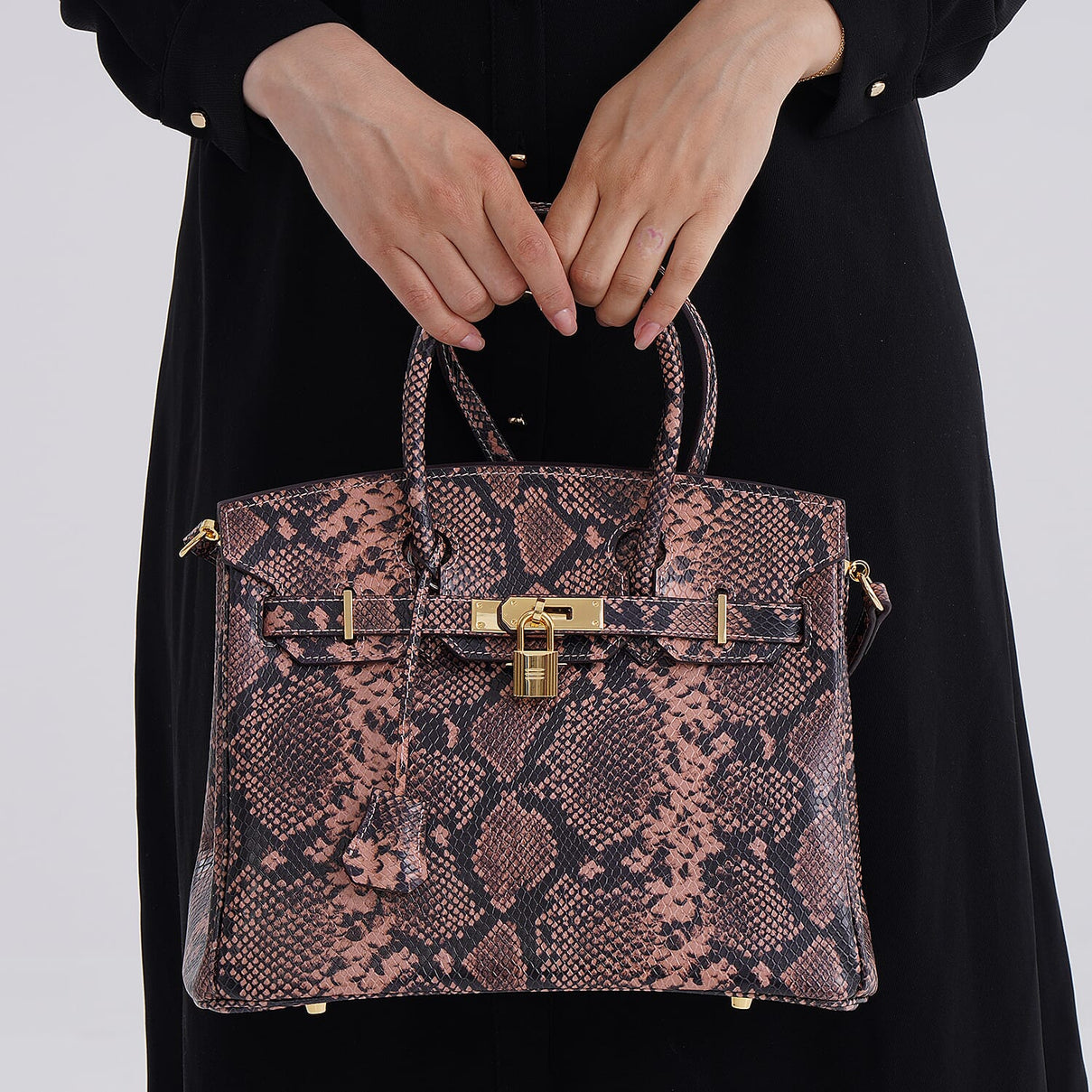 Genuine Leather Snakeskin Pattern Crossbody Bag with Top Handle - Pink and Black 8099103 3