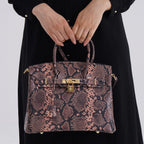 Genuine Leather Snakeskin Pattern Crossbody Bag with Top Handle - Pink & Black