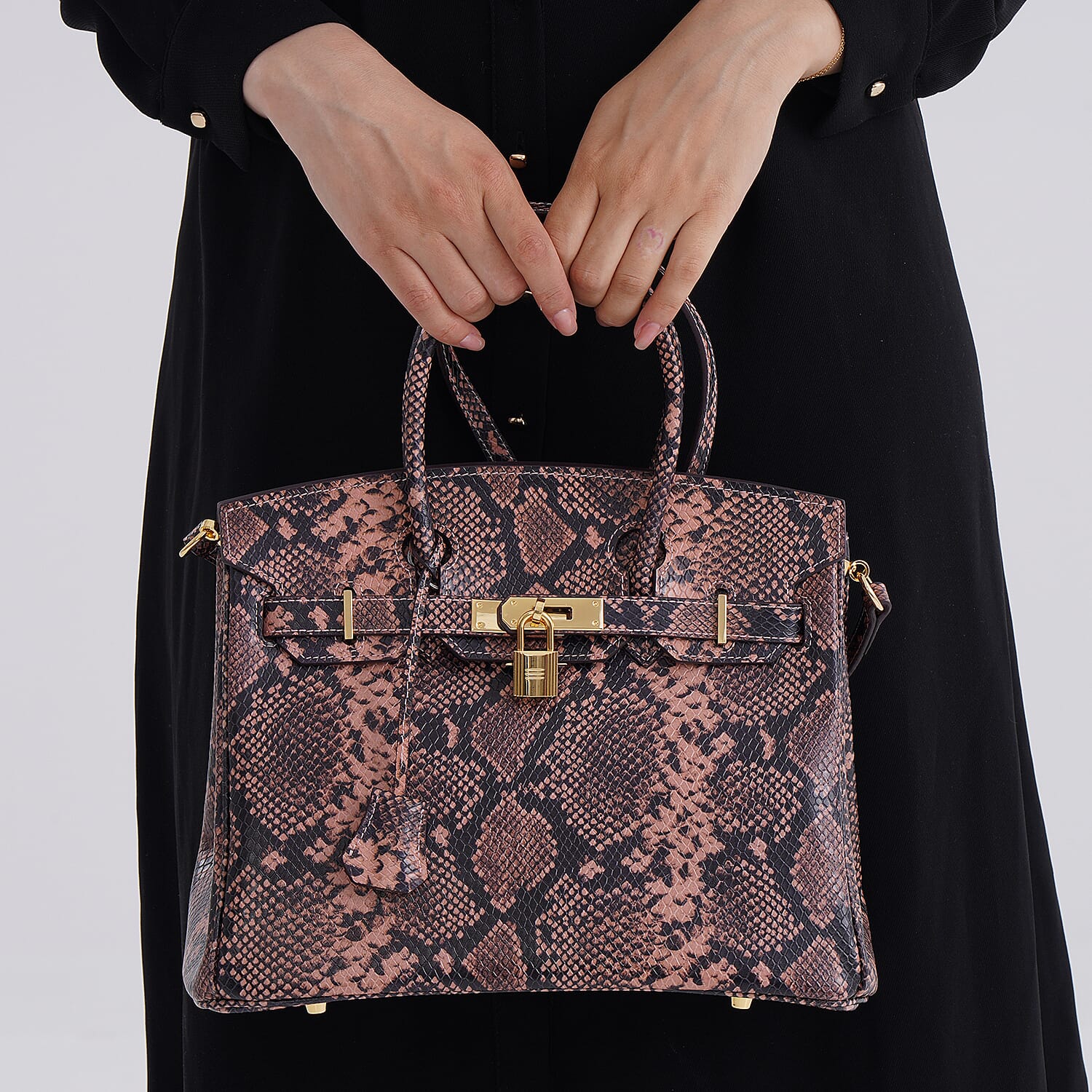 Genuine Leather Snakeskin Pattern Crossbody Bag with Top Handle - Pink and Black 8099103 3