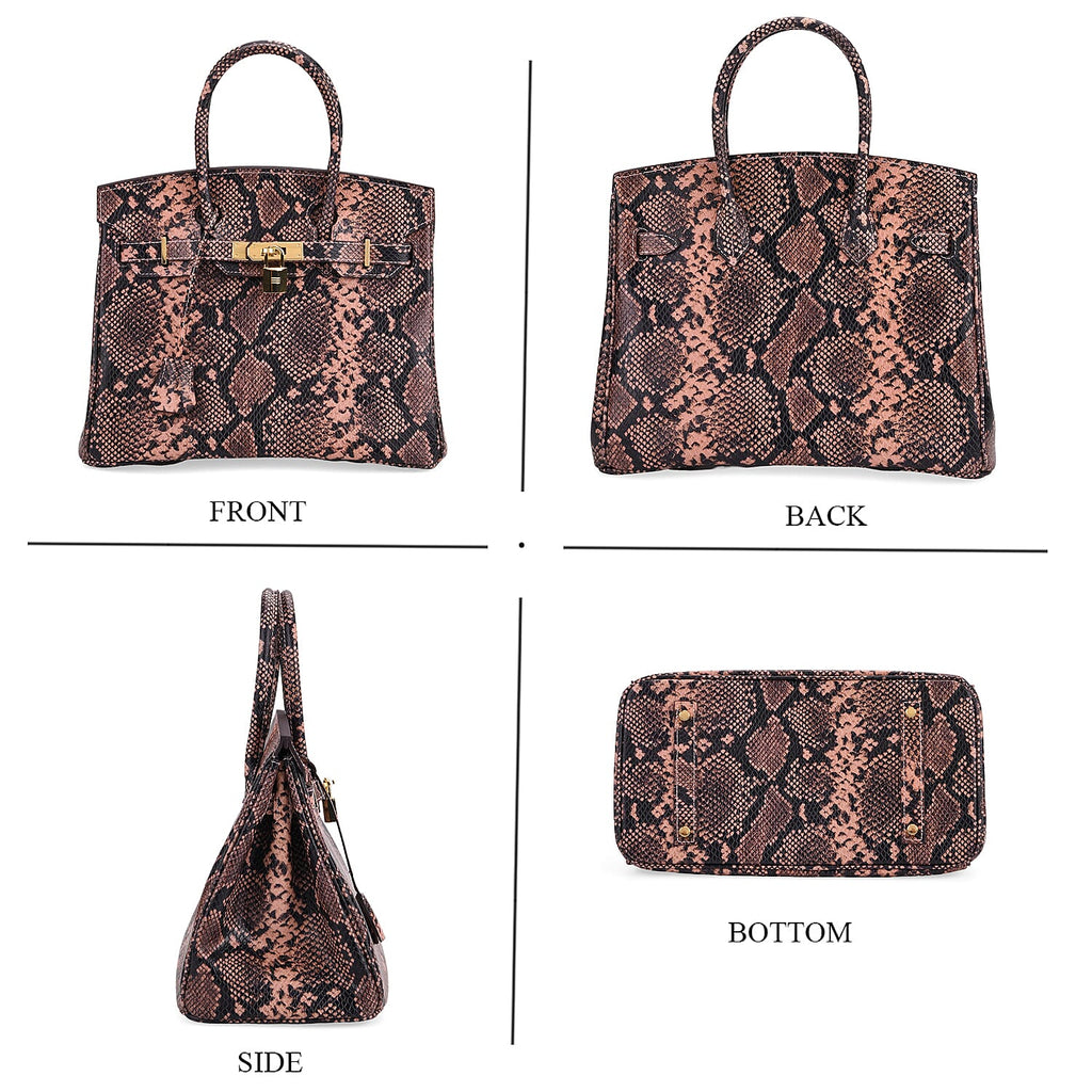 Genuine Leather Snakeskin Pattern Crossbody Bag with Top Handle - Pink & Black