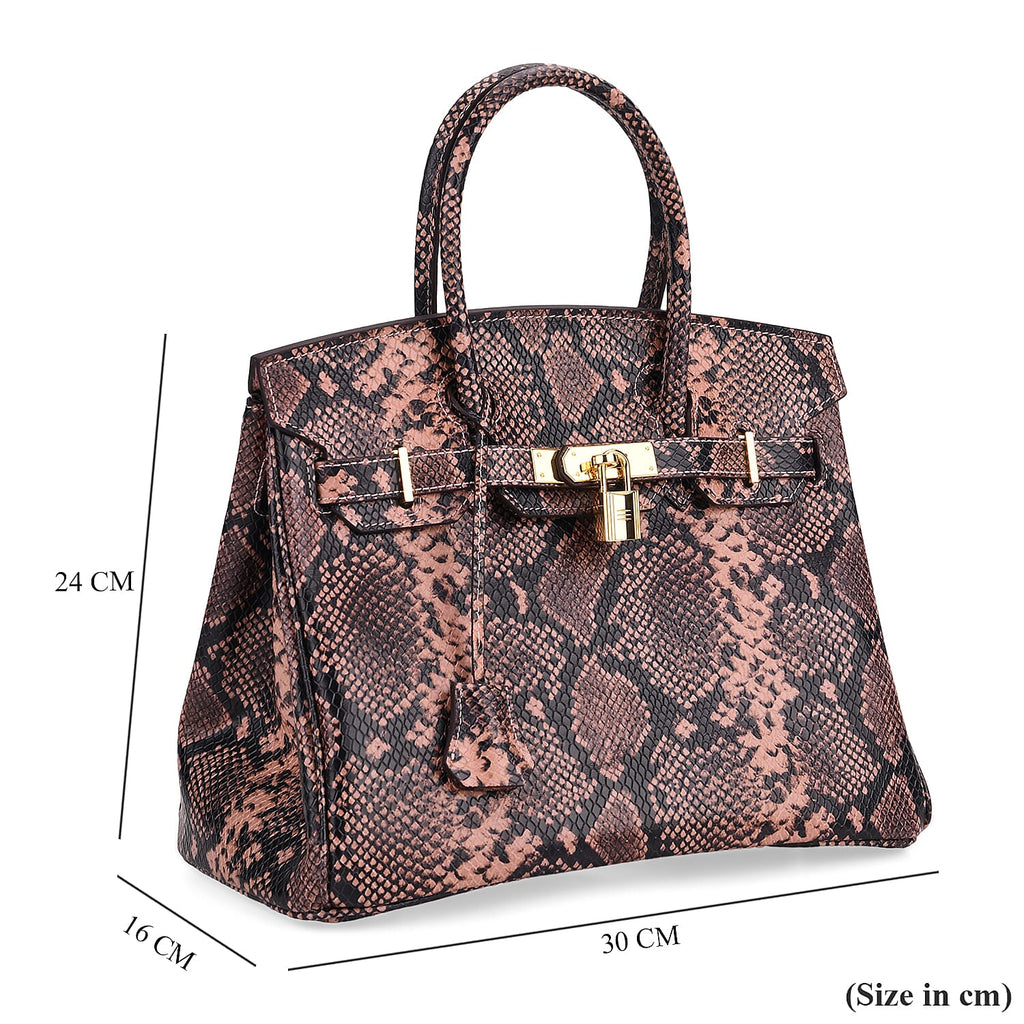 Genuine Leather Snakeskin Pattern Crossbody Bag with Top Handle - Pink & Black
