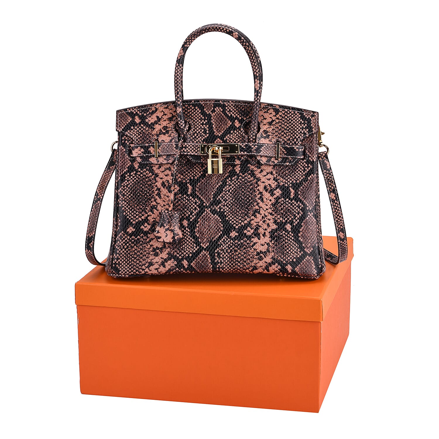 Genuine Leather Snakeskin Pattern Crossbody Bag with Top Handle - Pink and Black 8099103 7