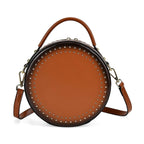 Genuine Leather Stylish Studded Circle Purse With Top Handle & Adjustable Strap - Tan & Black