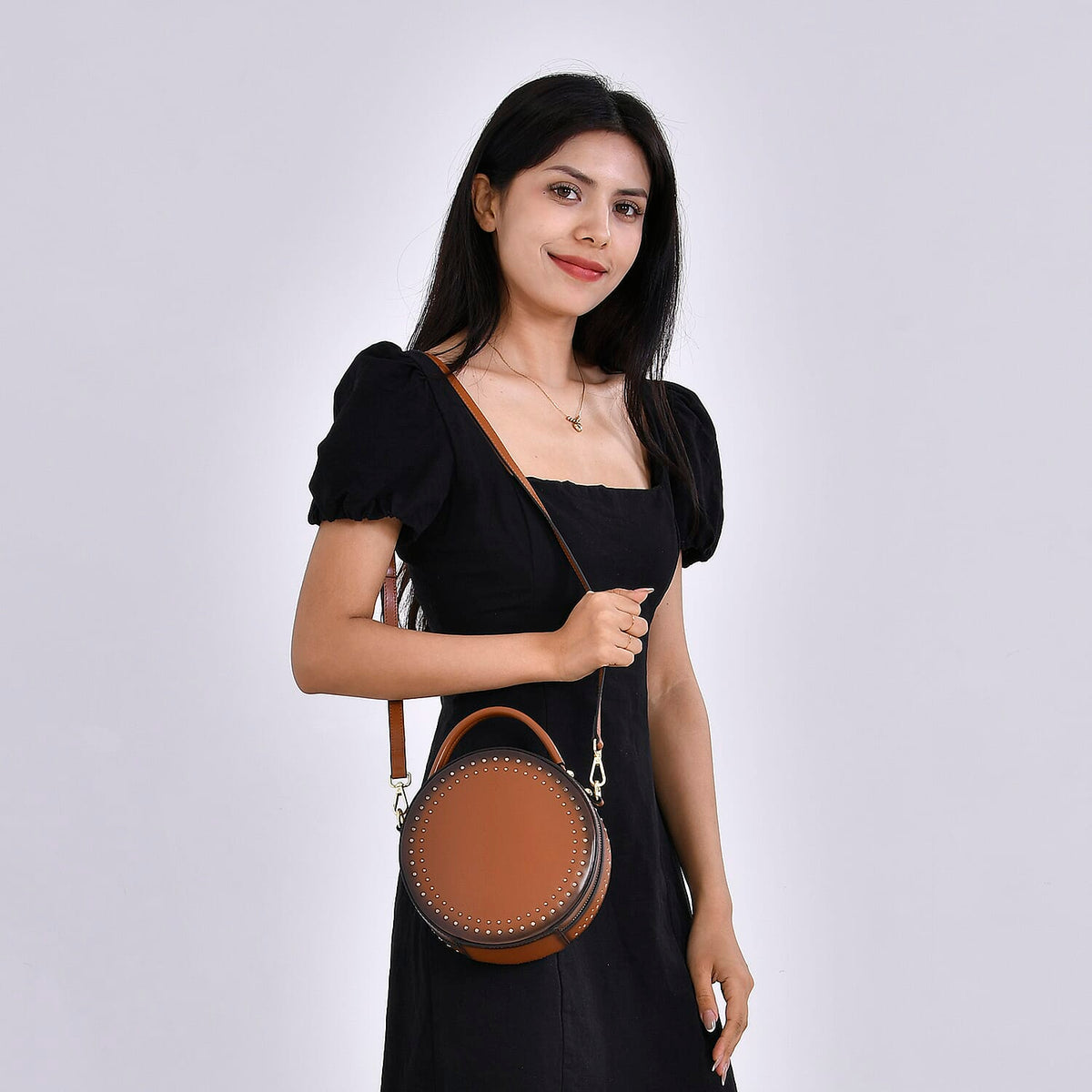 Genuine Leather Round Crossbody Bag with Handle Drop 7730089 2