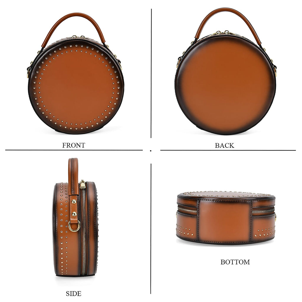 Genuine Leather Stylish Studded Circle Purse With Top Handle & Adjustable Strap - Tan & Black