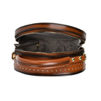 Genuine Leather Stylish Studded Circle Purse With Top Handle & Adjustable Strap - Tan & Black