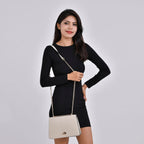 Designer Inspired - 100% Genuine Leather Solid Crossbody Bag (Size 26x8x16 cm) - Beige