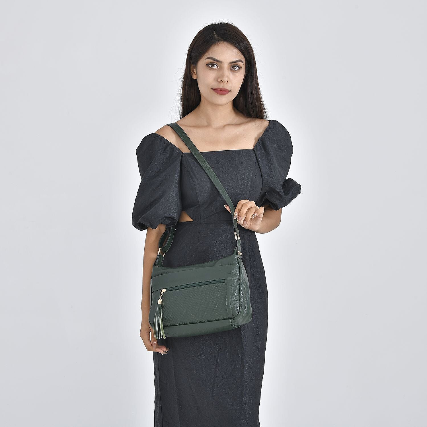 Genuine Leather Solid Crossbody Bag with Shoulder Strap - Dark Green 7148669 2