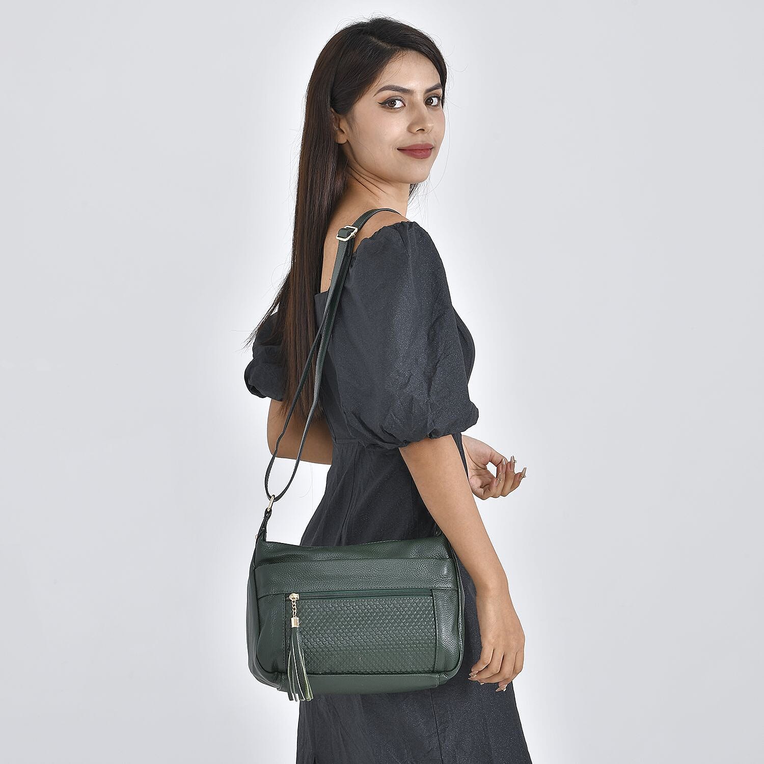 Genuine Leather Solid Crossbody Bag with Shoulder Strap - Dark Green 7148669 3