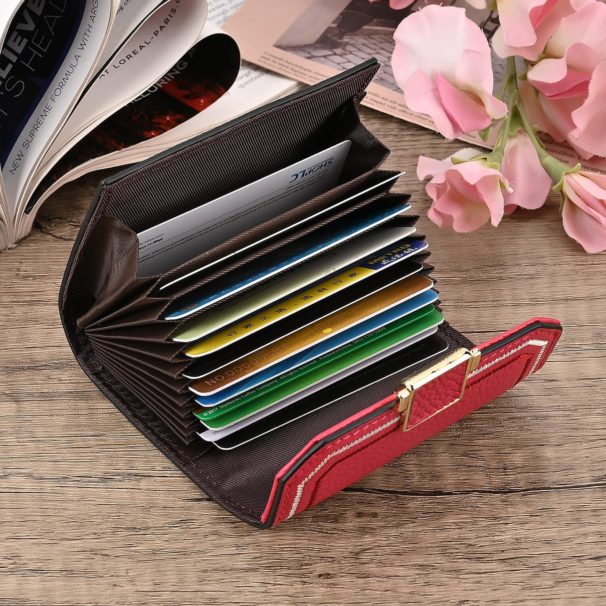 Genuine Leather 11 Card Slot Wallet with RFID Protection - Fuchsia 7631229 1