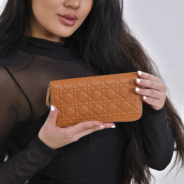 Genuine Leather Wallet with Embossed Quadrate Pattern - RFID Blocking - Tan 7618421 2