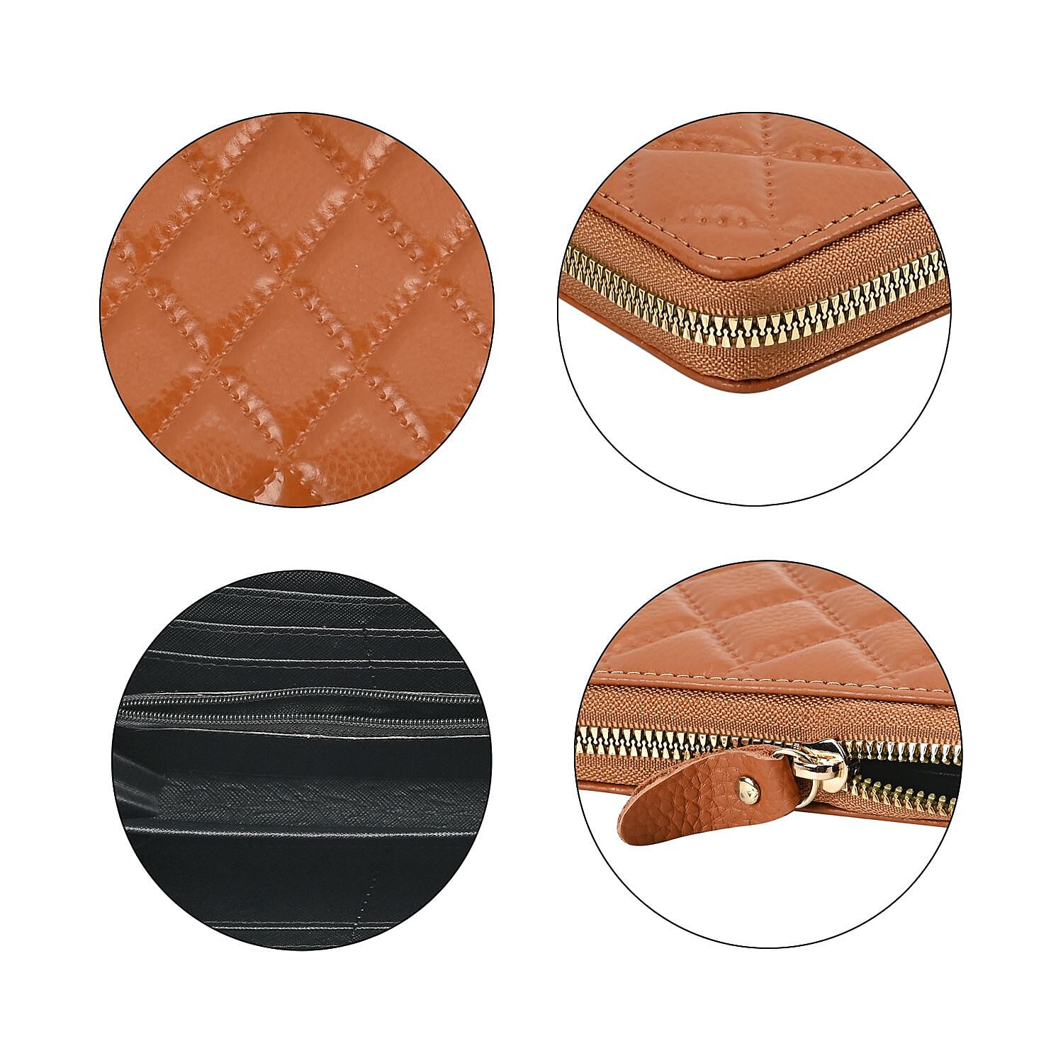 Genuine Leather Wallet with Embossed Rhombus Pattern - RFID Blocking - Tan 7618074 4