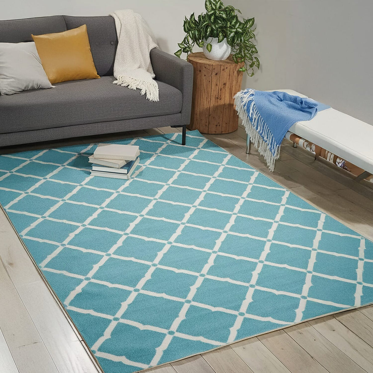 Geometric Diamond Pattern Indoor-Outdoor Rug (Size 180x120cm) - Turquoise - White 8046868 0