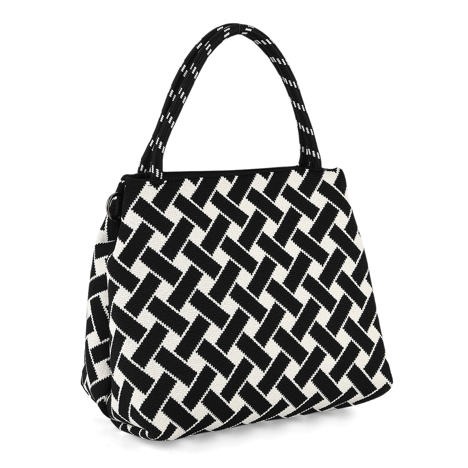Geometric Woven Pattern Handbag with Shoulder Strap (130cm) - Black 8415363 0