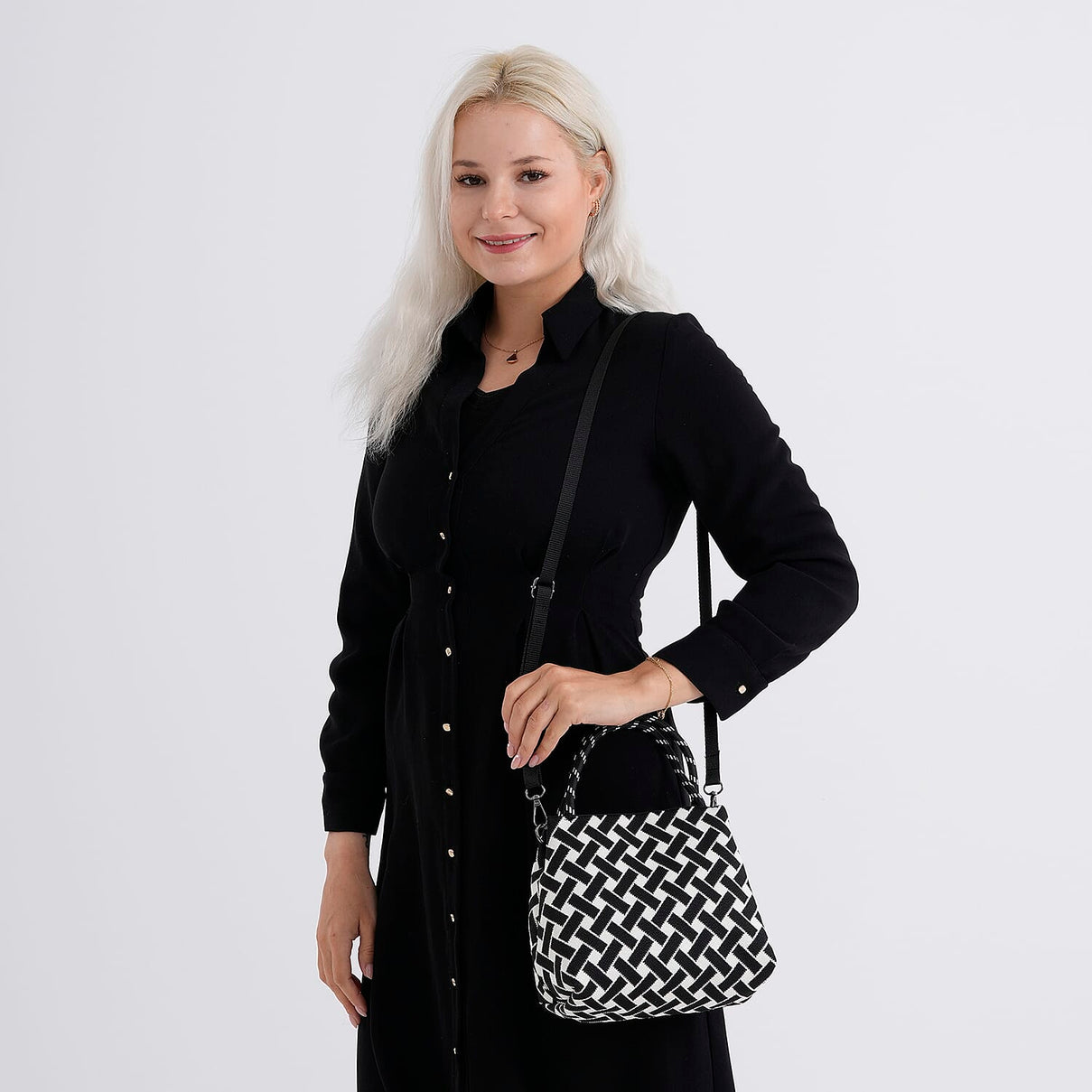 Geometric Woven Pattern Handbag with Shoulder Strap (130cm) - Black 8415363 3