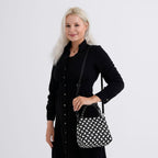 Geometric Woven Pattern Handbag with Shoulder Strap (130cm) - Black