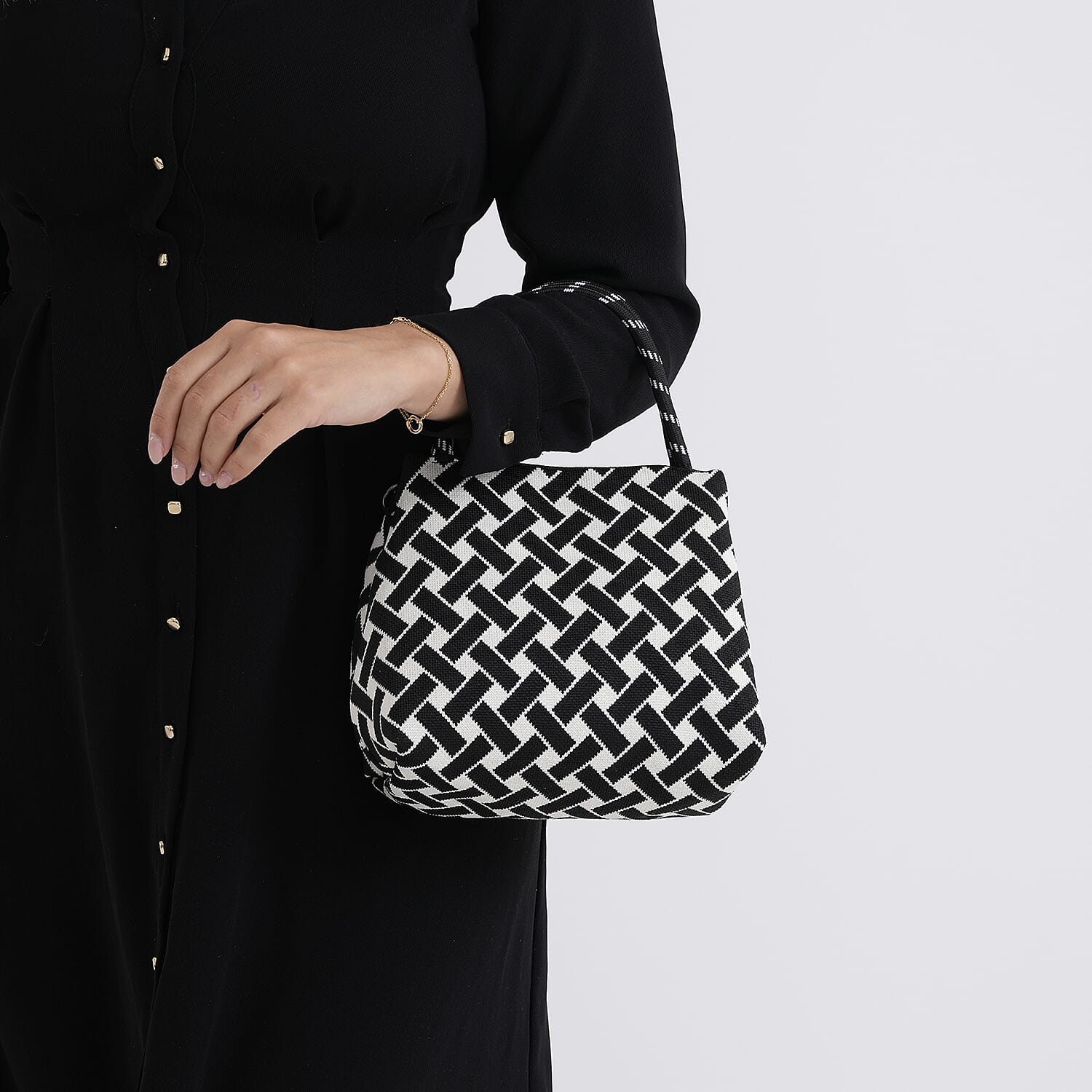 Geometric Woven Pattern Handbag with Shoulder Strap (130cm) - Black 8415363 4
