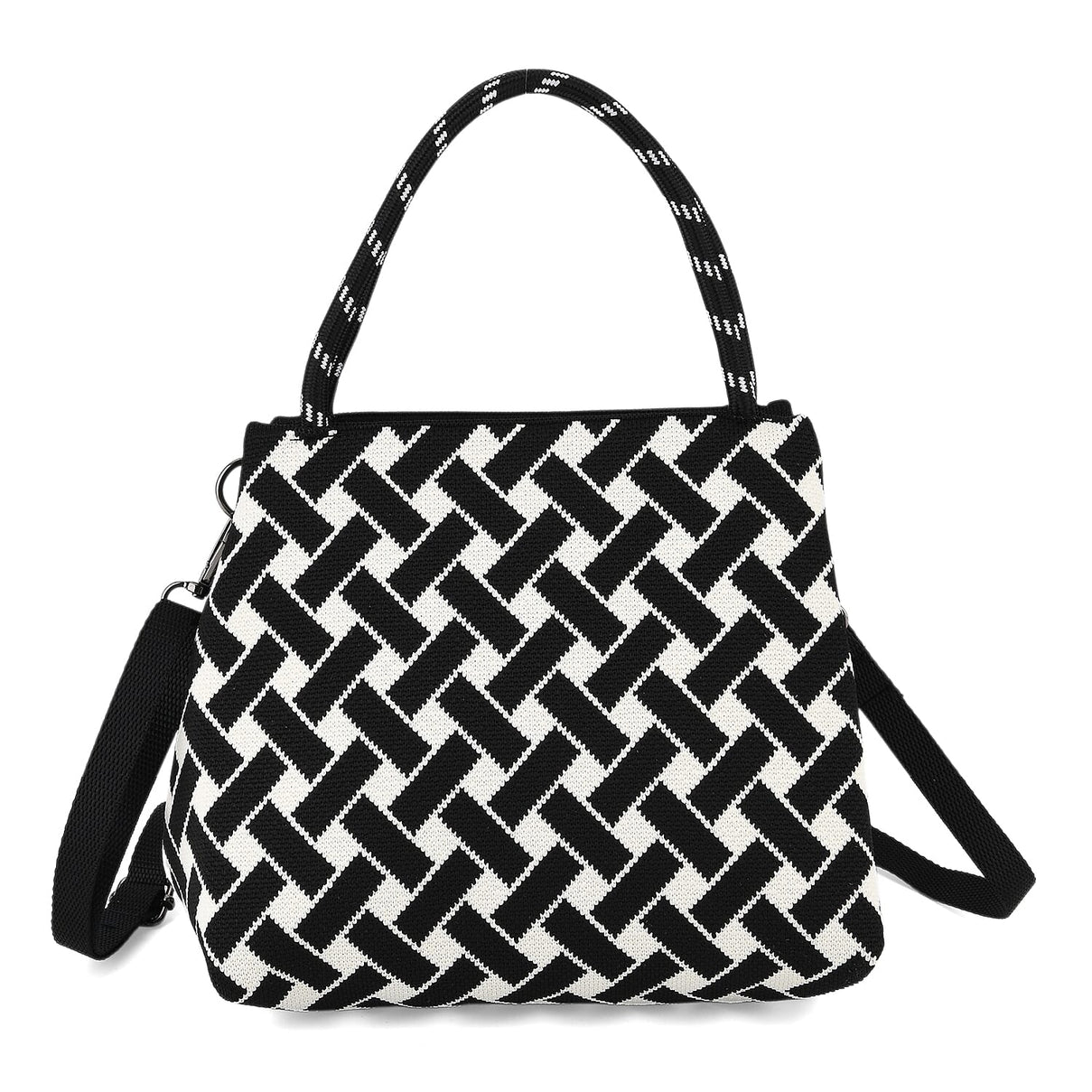 Geometric Woven Pattern Handbag with Shoulder Strap (130cm) - Black 8415363 6