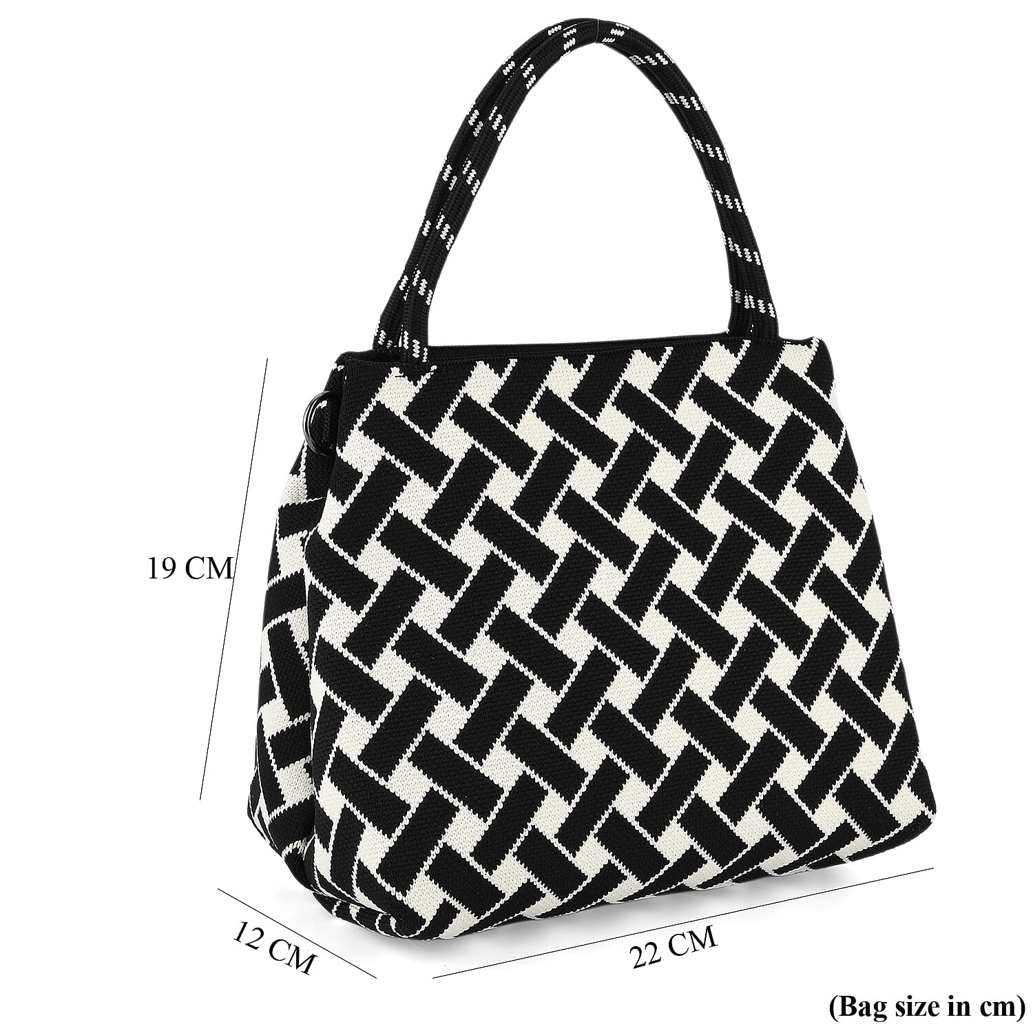 Geometric Woven Pattern Handbag with Shoulder Strap (130cm) - Black 8415363 9