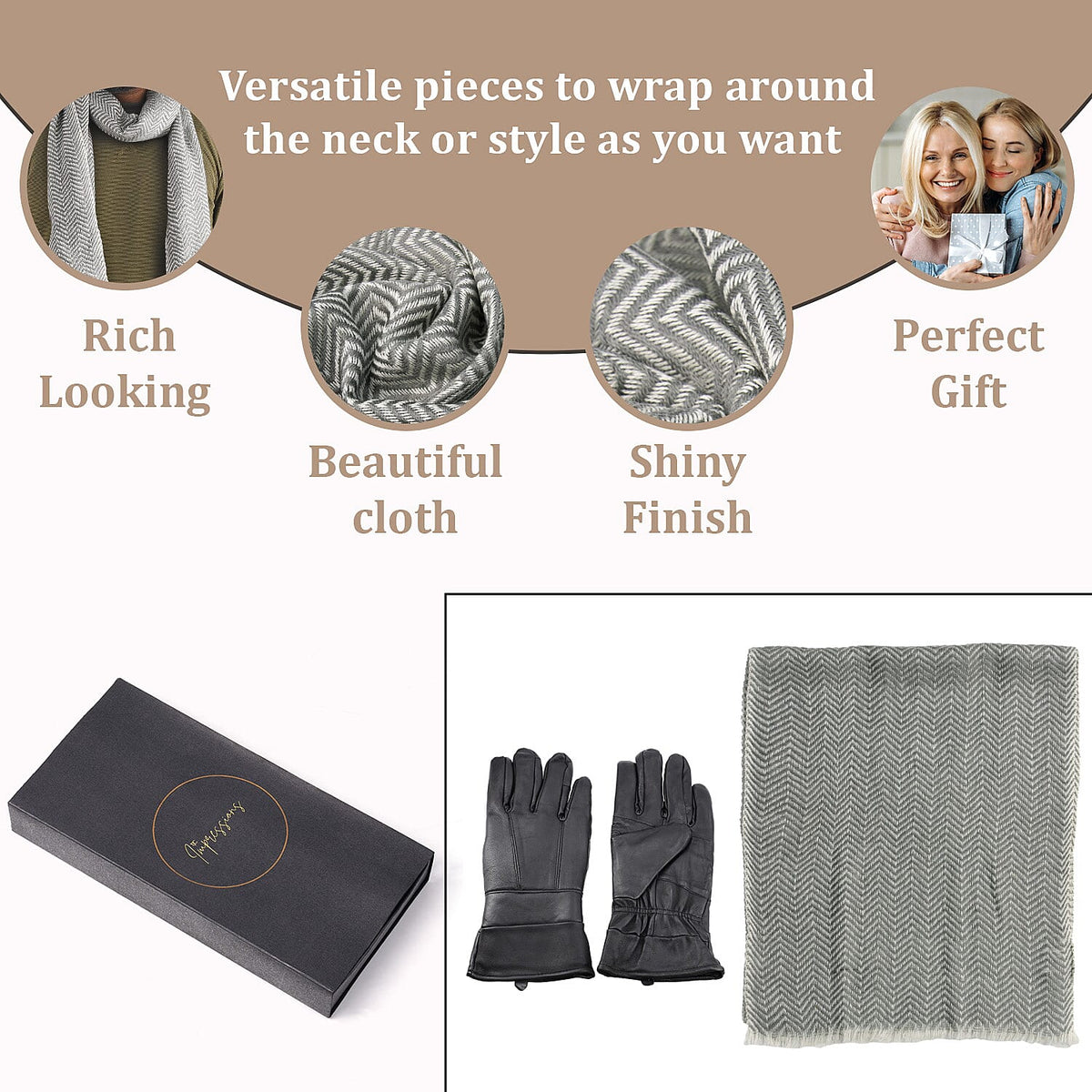 Gift Box with Leather Gloves and Merino Wool Scarf - Black &amp; Grey 4007834 2