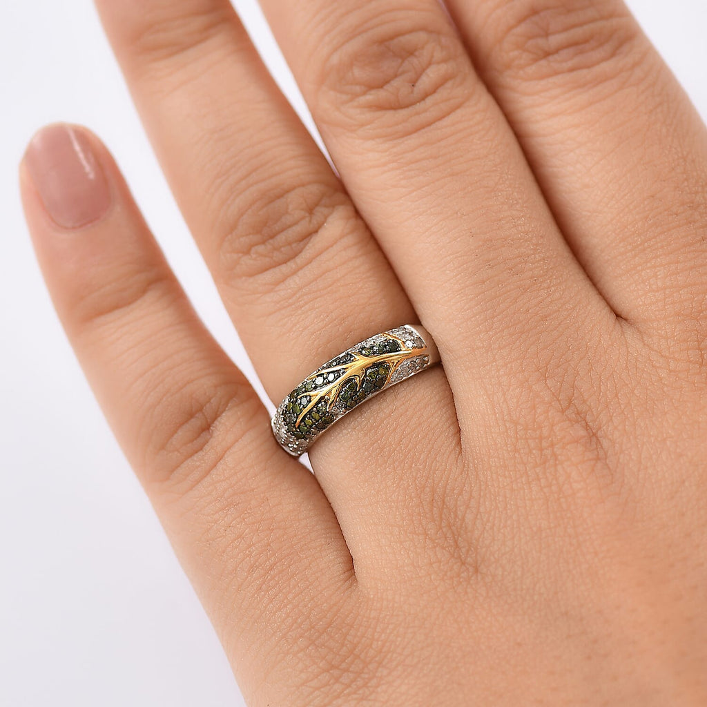 GP Italian Garden Collection - Green Diamond, Kanchanaburi Blue Sapphire & White Diamond  Solitaire Diamond Ring in 18K Vermeil Yellow Gold Plated & Rhodium Overlay Sterling Silver