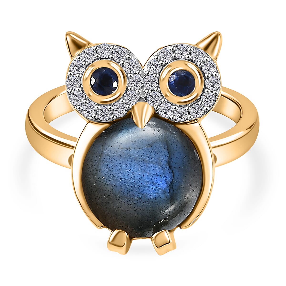 GP Collection - Labradorite, Kyanite and White Zircon Owl Ring in 18K Vermeil Yellow Gold Plated Sterling Silver 5.32 Ct. 8017483 0