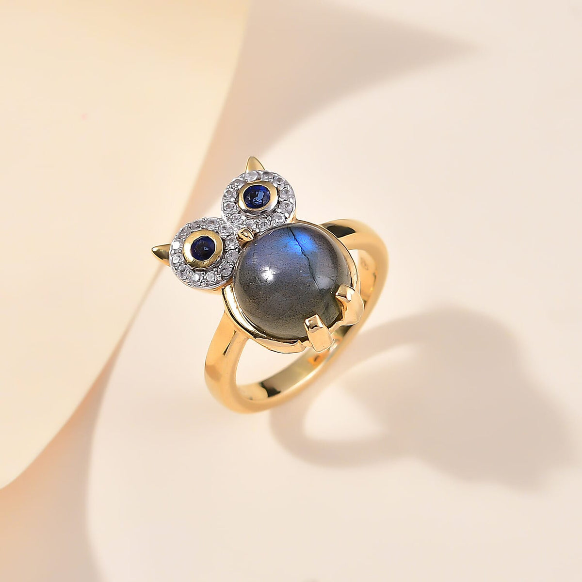 GP Collection - Labradorite, Kyanite and White Zircon Owl Ring in 18K Vermeil Yellow Gold Plated Sterling Silver 5.32 Ct. 8017483 2