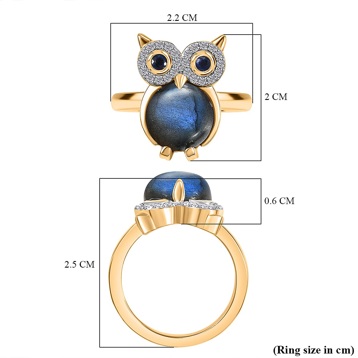 GP Collection - Labradorite, Kyanite and White Zircon Owl Ring in 18K Vermeil Yellow Gold Plated Sterling Silver 5.32 Ct. 8017483 6
