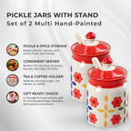 Set of 2 Ceramic Multi Handpainting Pickle Jar with Stand - Pink