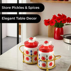 Set of 2 Ceramic Multi Handpainting Pickle Jar with Stand - Pink