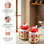 Set of 2 Ceramic Multi Handpainting Pickle Jar with Stand - Pink