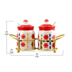 Set of 2 Ceramic Multi Handpainting Pickle Jar with Stand - Pink