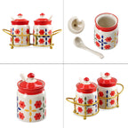 Set of 2 Ceramic Multi Handpainting Pickle Jar with Stand - Pink