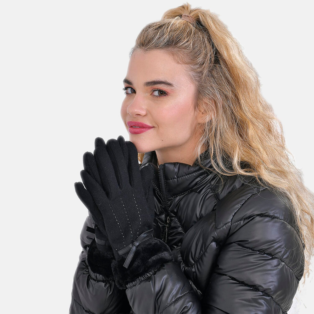 Luxurious 70% Cashmere Gloves with Faux Fur Trim- Black 7733545 3