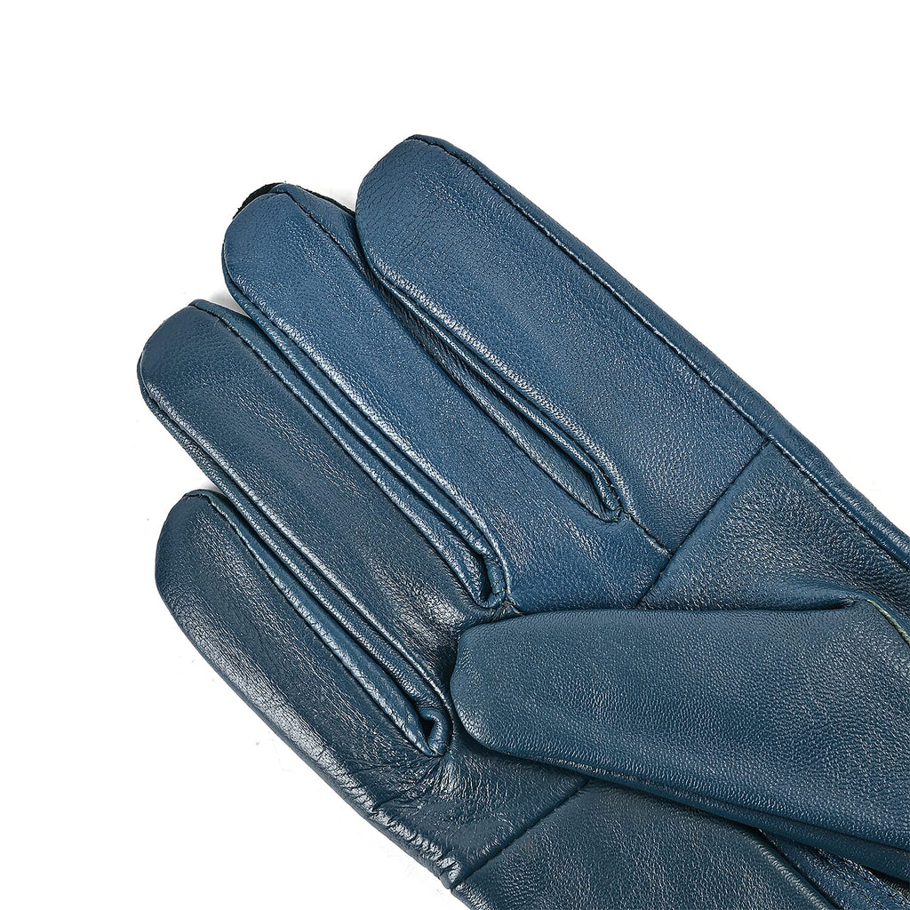 Luxurious 100% Leather & Faux Fur Lining Gloves - Blue
