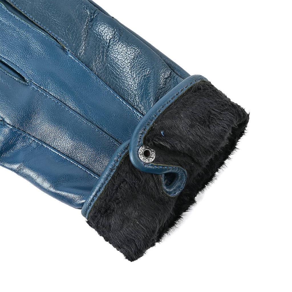 Luxurious 100% Leather & Faux Fur Lining Gloves - Blue