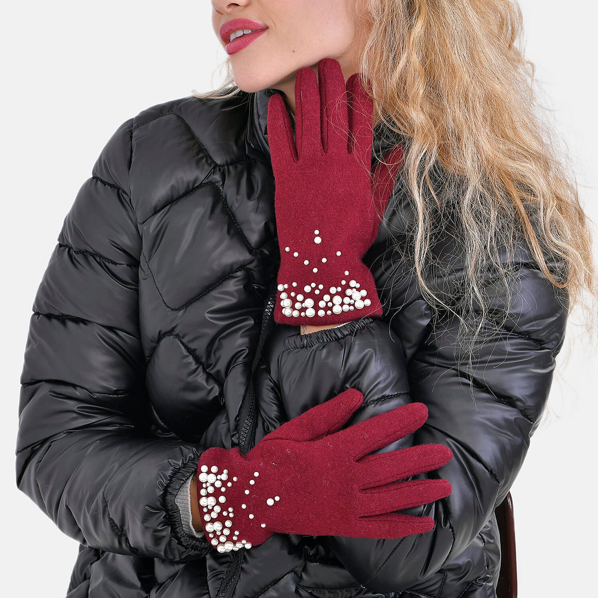Winter Must-Have - Cashmere Touch Screen Beaded Gloves - Burgundy V32701534 2