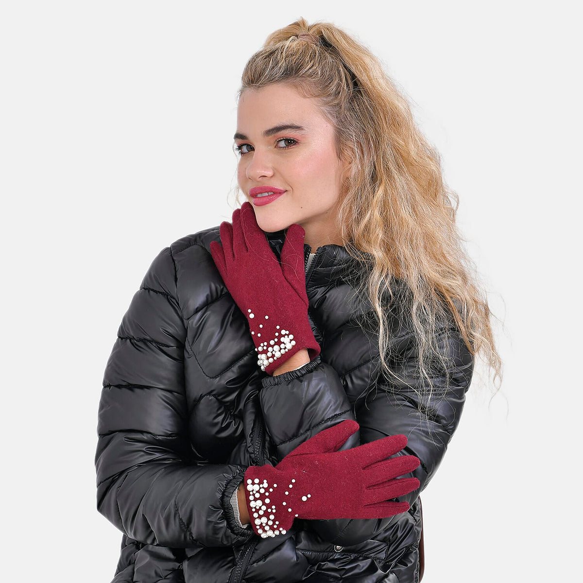 Winter Must-Have - Cashmere Touch Screen Beaded Gloves - Burgundy V32701534 3